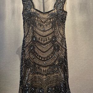 Adrianna Papell Black Beaded Strapless Evening Dress with Nude Underlay